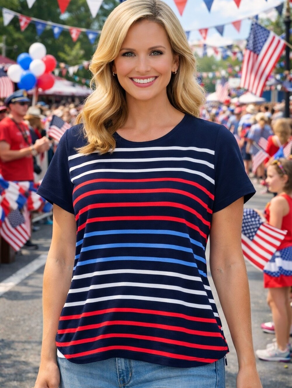 Ruby Rd. Navy Short-Sleeve Striped Tee with Red, White & Blue Stripes